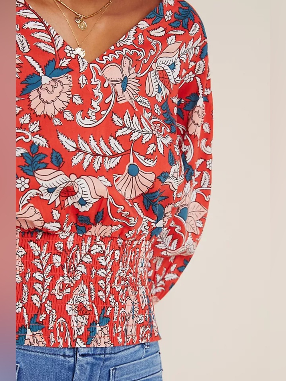 Anthropologie, Floral Print V-Neck Peasant Top, Red, L - Picture 4 of 7
